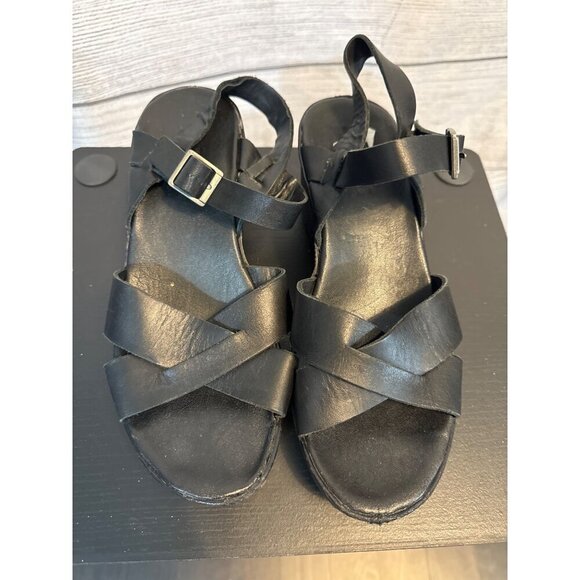 Korks Black Leather Platform Sandals With Ankle Strap & Buckles Size 8 - Picture 1 of 6